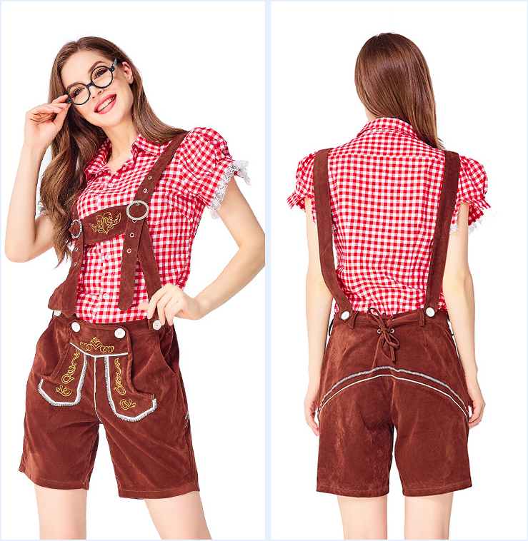 Womens Oktoberfest Outfit Embroidered Blouse with Lederhosen Shorts